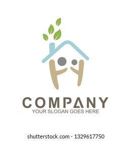 healthy family home vector, people inside house with leaf , healthy and family care logo template