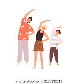 Healthy family with kid doing sports exercise together. Parents and child during warmup before workout. Mother, father and son training. Flat graphic vector illustration isolated on white background