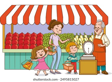 Healthy family lifestyle vector concept.Happy family shopping fruits and vegetables.