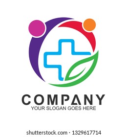 healthy family logo design with leaf and cross in circle shape and flat style
