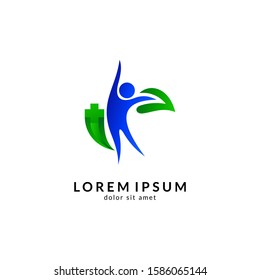 Healthy family logo, human with leaf logo concept, medical clinic, health care, herbal medicine, people vector illustration