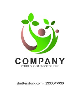 healthy family logo with leaf, family care, health and caring, clinic and pharmacy icon, family nutrition, hospital and wellness symbol
