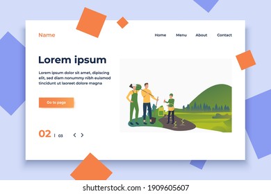 Healthy family planting in garden. Holiday, children, parents, summer. Happy family concept. Vector illustration for website, landing page, online store