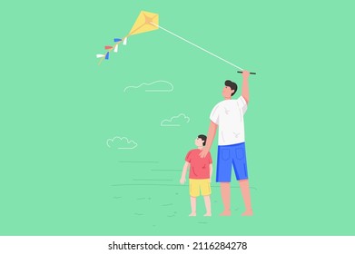 Healthy family and relationship modern flat concept. Dad and son fly kite. Father teaches kid to launch kite, play and spend time together. Vector illustration with people scene for web banner design