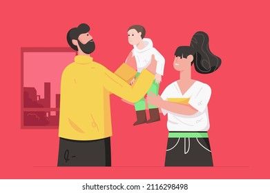 Healthy family and relationship modern flat concept. Happy dad and mom holding little son. Mother and father hugging their toddler boy. Vector illustration with people scene for web banner design