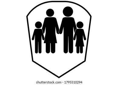 For a healthy family. Family in the shield. Family insurance badge. Family safety symbol. Vector image.