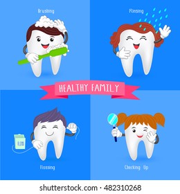 Healthy Family Teeth. Oral Hygiene Banners With Cute Tooth.  Brushing, Flossing,  Rinsing And Check Up.  Illustration.