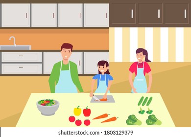 Healthy family vector concept: portrait of family group cooking and cutting vegetables happily in the kitchen