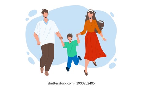 Healthy Family Walking Together Outdoor Vector. Father, Mother And Son Healthy Family Walk Together In Park. Characters Man, Woman And Child Have Funny Leisure Time Flat Cartoon Illustration