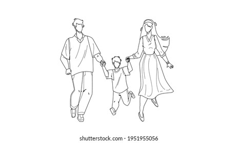 Healthy Family Walking Together Outdoor Black Line Pencil Drawing Vector. Father, Mother And Son Healthy Family Walk Together In Park. Characters Man, Woman And Child Have Funny Leisure Time 