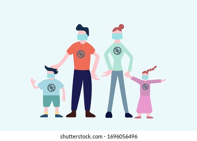 Healthy family wear surgical mask to protect coronavirus or other respiratory pathogen infection.