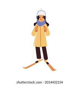 Healthy family winter activities and sports. Woman wearing warm jacket and hat skiing in snow, flat cartoon vector illustration isolated white background