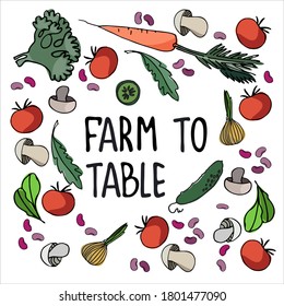Healthy farm food concept. Fresh vegetables concept. Veganism concept. Vegetables, mushrooms hand drawn vector illustrations