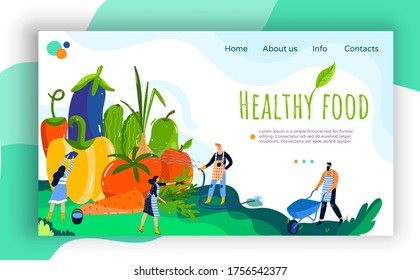 Healthy farm food vector illustration banner. Website interface creative design with tiny people farmers watering, gardener characters growing fresh organic vegetables for health vegetarian diet