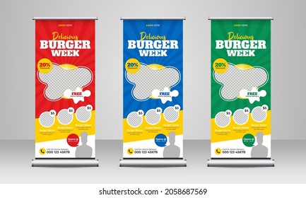 Healthy Fast Food Business Marketing Roll Up Or X Banner Template Design With Abstract Background, Restaurant Logo And Icon. Pizza, Burger Or Hamburger Sale Rack Card And Flyer. Food Menu Poster.