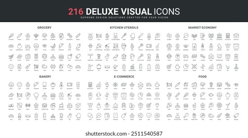 Healthy and fast food of cafe and grocery store, sweets of bakery line icon set. Online shopping and ecommerce, kitchen utensils and electrical appliances thin black outline symbol vector illustration