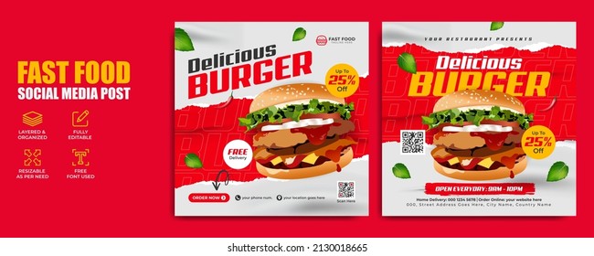 Healthy Fast Food Menu Or Burger Social Media Marketing Banner Post. Restaurant Pizza And Hamburger Online Sale Promotion Web Flyer Or Poster With Logo, Business Icon And Abstract Digital Background.