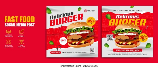 Healthy fast food menu or burger social media marketing banner post. Restaurant pizza and hamburger online sale promotion web flyer or poster with logo, business icon and abstract digital background.