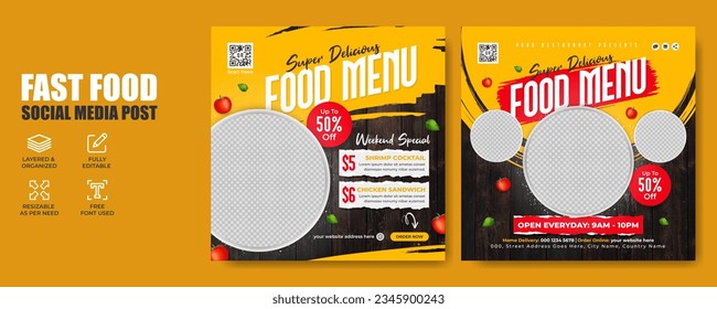 Healthy fast food restaurant business marketing social media post or web banner template with wood background. Pizza or burger sale online promotion flyer with brand logo and icon. Food menu poster.