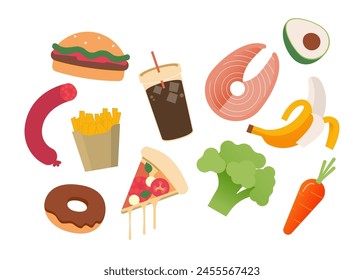 Healthy and fast food website banner concept. Burger, french fries, doughnut, sausage, pizza, soda, salmon, broccoli, carrot, banana, avocado. Modern vector flat illustration. Social media ads.