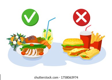 Healthy and fastfood choice, good nutrition or burger, vector illustration. Dieting healthy lifestyle for good weight. Unhealthy junk meal for obesity problem. Cartoon food comparison.