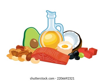 Gesunde fette Lebensmittel noch Leben Symbol Vektorgrafik. Pile von frischem gesundem Essen Symbol einzeln auf weißem Hintergrund. Omega-3-Fettsäuren-Design-Element. Lachs, Nüsse, Olivenöl, Avocado, Eierzeichnung