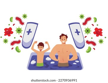 Padre e hijo sanos durante el procedimiento de endurecimiento del cuerpo en la ilustración de hielo-agujero, vector plano aislado en fondo blanco. Beneficios de endurecer el sistema inmune.