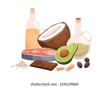 Healthy fats in food products. Omega rich nutritions. Olive oil, avocado, salmon fish, nuts, coconut composition. Different wholesome nutrients, eating. Flat vector illustration isolated on white