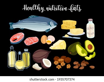 Produits de graisses saines. Concept de nourriture diététique. Saumon, beurre, huiles de légumes, noix, oeufs, produits laitiers et avocat. Image vectorielle illustration dessinée à la main à plat isolée avec texture à brosse sèche pour votre conception.