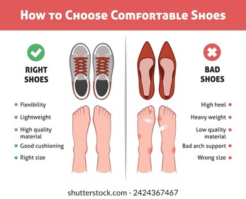 Pies y zapatos saludables. Calzado estrecho y ancho, pie deformado, póster de infografía médica ortopédica, zapatillas y zapatos de tacón alto, hombre y mujer eligen botas cómodas, concepto de vector ordenado