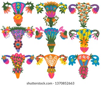 Healthy Female Reproductive System with Bright Flowers and Plants Set Vector Illustration