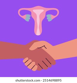 Healthy female reproductive system with handshake. Female anatomy. Picture with uterus and cervix, ovaries. Flat vector illustration for postcard, banner, sticker.