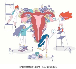 Healthy female reproductive system vector with flowers on the background. Four doctors and nurses looking for the right vitamins for female reproductive system functioning.