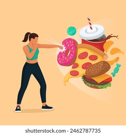 Mujer saludable en forma rechazando y golpeando la comida basura: dieta saludable y concepto de fitness