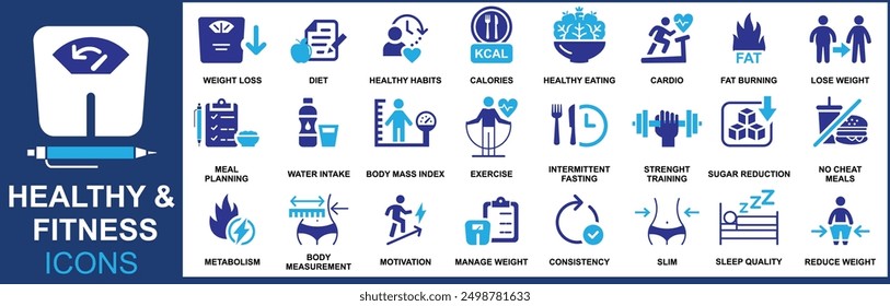 HEALTHY AND FITNESS ICONS VECTOR DESIGN ILLUSTRATION.