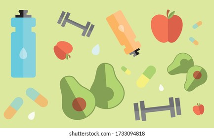 healthy fitness lifestyle diet fit food active workout icons set texture pattern background