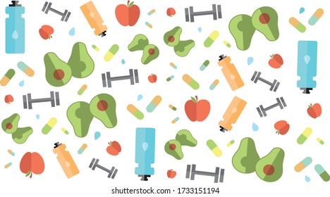 healthy fitness lifestyle diet fit food active workout icons texture pattern background