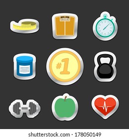 Healthy fitness lifestyle stickers set of weight scales diet apple dumbbells and heart isolated vector illustration