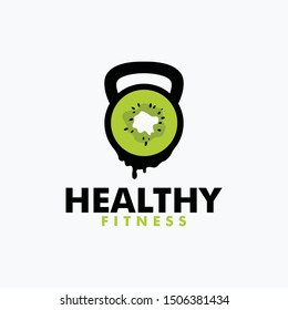 Healthy Fitness logo Concept. Kiwi with KettleBell GYM Vector template.