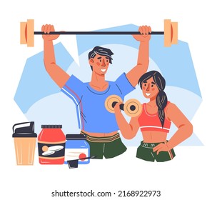 Healthy fitness nutrition and effective sports training, muscle building and weight control banner concept with sports people, vector isolated on white background. Exercise and nutrition plan.