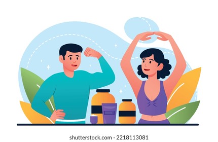 Healthy fitness nutrition. Man and woman go in for sports and take drugs to strengthen muscles and burn fat, useful trace elements. Active lifestyle and fitness. Cartoon flat vector illustration