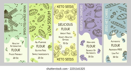 Embalaje de harina sana con etiqueta dibujada a mano. Diseño de etiquetas de producto dietético con elementos de ingrediente, ilustración vectorial. Keto, colección de emblemas gastronómicos paleo-amigable con molino, pan y bagel