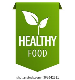 Healthy Food 100 percent organic natural fresh green tag ribbon banner icon isolated on white background. Vector illustration