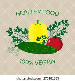 Healthy food, 100% Vegan. Group of vegetables on seamless background. Yellow pepper, tomato, cucumber, dill and parsley.