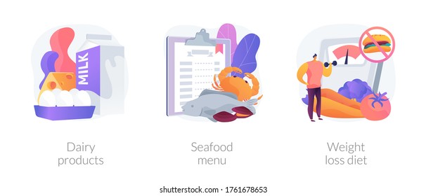 Healthy food abstract concept vector illustration set. Dairy products, seafood menu, weight loss diet, fermented milk, fish house, pescatarian, low-carb diet, drink water abstract metaphor.