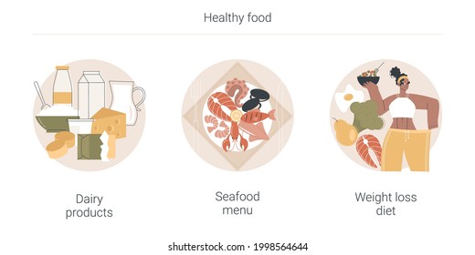 Healthy food abstract concept vector illustration set. Dairy products, seafood menu, weight loss diet, fermented milk, fish house, pescatarian, low-carb diet, drink water abstract metaphor.