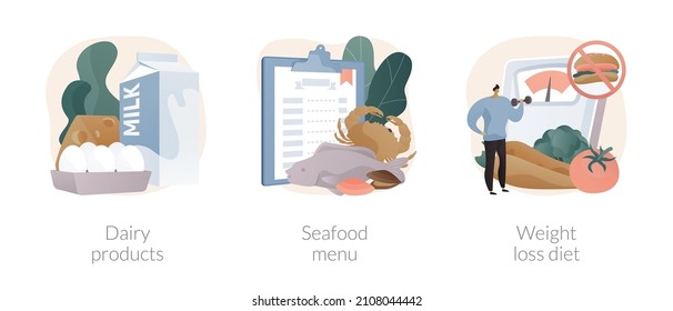 Healthy food abstract concept vector illustration set. Dairy products, seafood menu, weight loss diet, fermented milk, fish house, pescatarian, low-carb diet, drink water abstract metaphor.