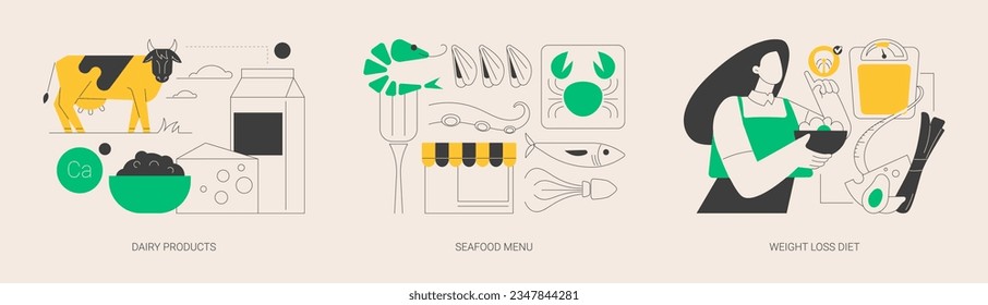 Healthy food abstract concept vector illustration set. Dairy products, seafood menu, weight loss diet, fermented milk, fish house, pescatarian, low-carb diet, drink water abstract metaphor.