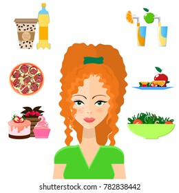 Healthy food against harmful food. Good food for healthy skin. Vector illustration.