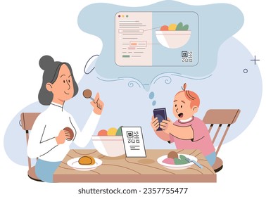 Healthy food app as mobile application with nutritional value for baby. Interactive tool to separate junk and vitamin rich meal eating. Web help for feeding children. Child scans qr code on phone